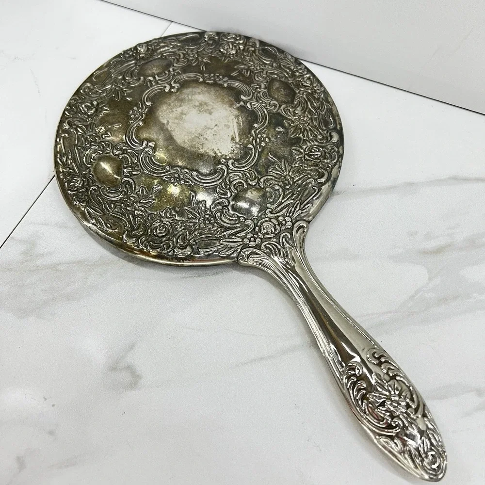 Vtg Repousse Heavy Silver Plate Vanity Hand Mirror Victorian Ornate Floral 9.5